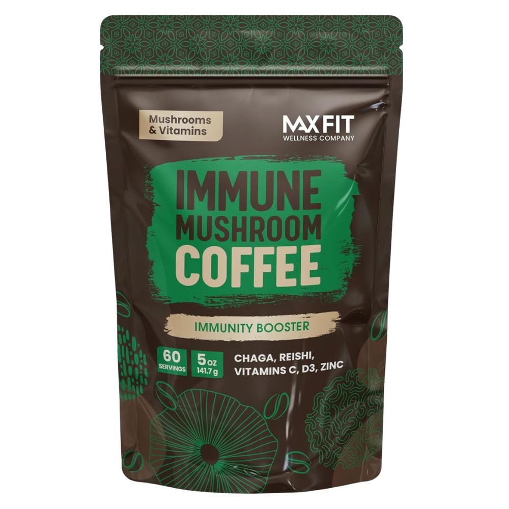 Immunity Mushroom Coffee (60 Servings) Mental Focus Plus Wellness Boost for Immune System Support - Chaga, Reishi & Vitamins C, D3, and Zinc, Mixed with Gourmet 100% Arabica Instant Coffee