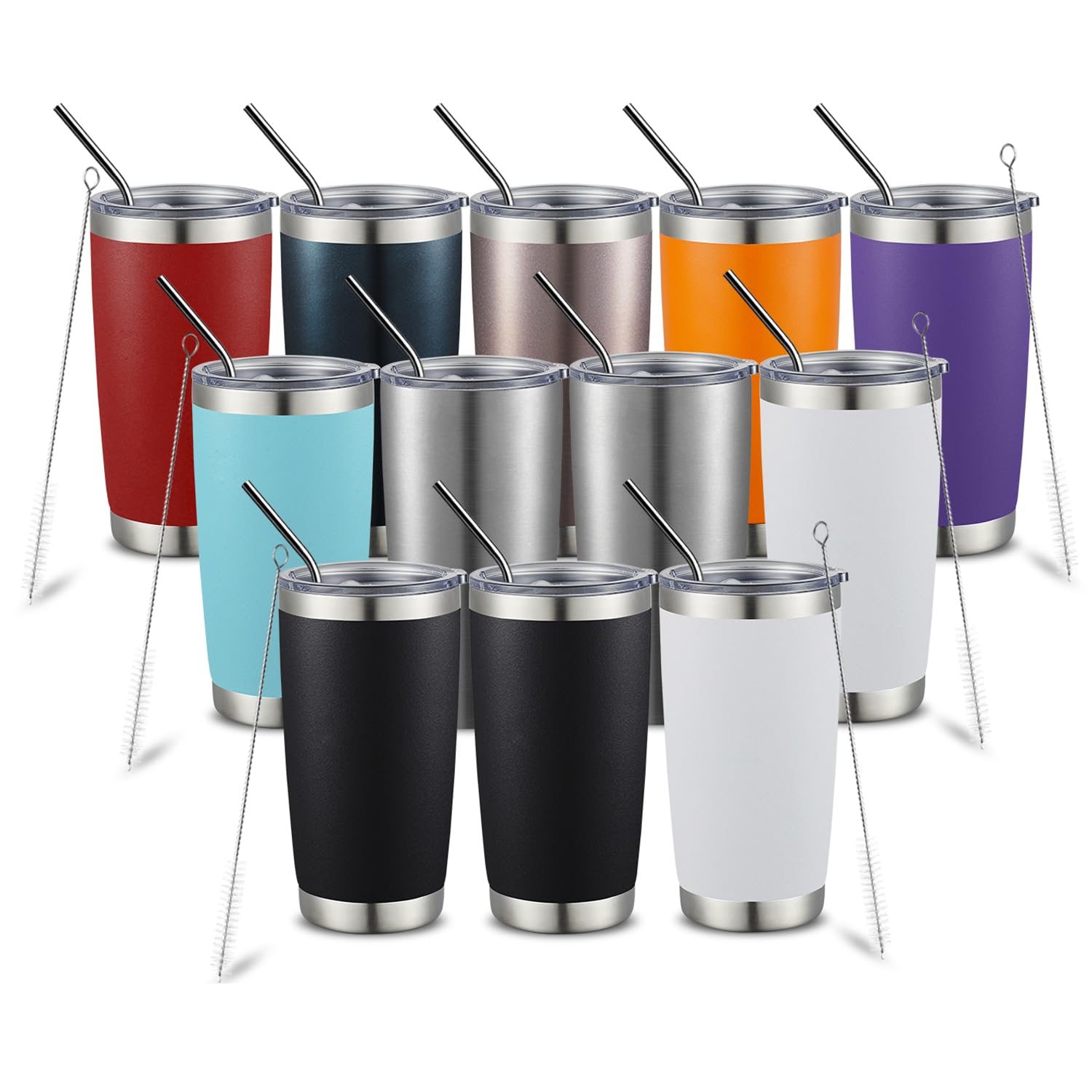 COMOOO 20oz Tumbler with Straw Stainless Steel Insulated Coffee Tumbler Cups Double Wall Vacuum Travel Coffee Mug with Splash Proof Sliding Lid for Hot Cold Drinks (Mix Color,12 Pack)