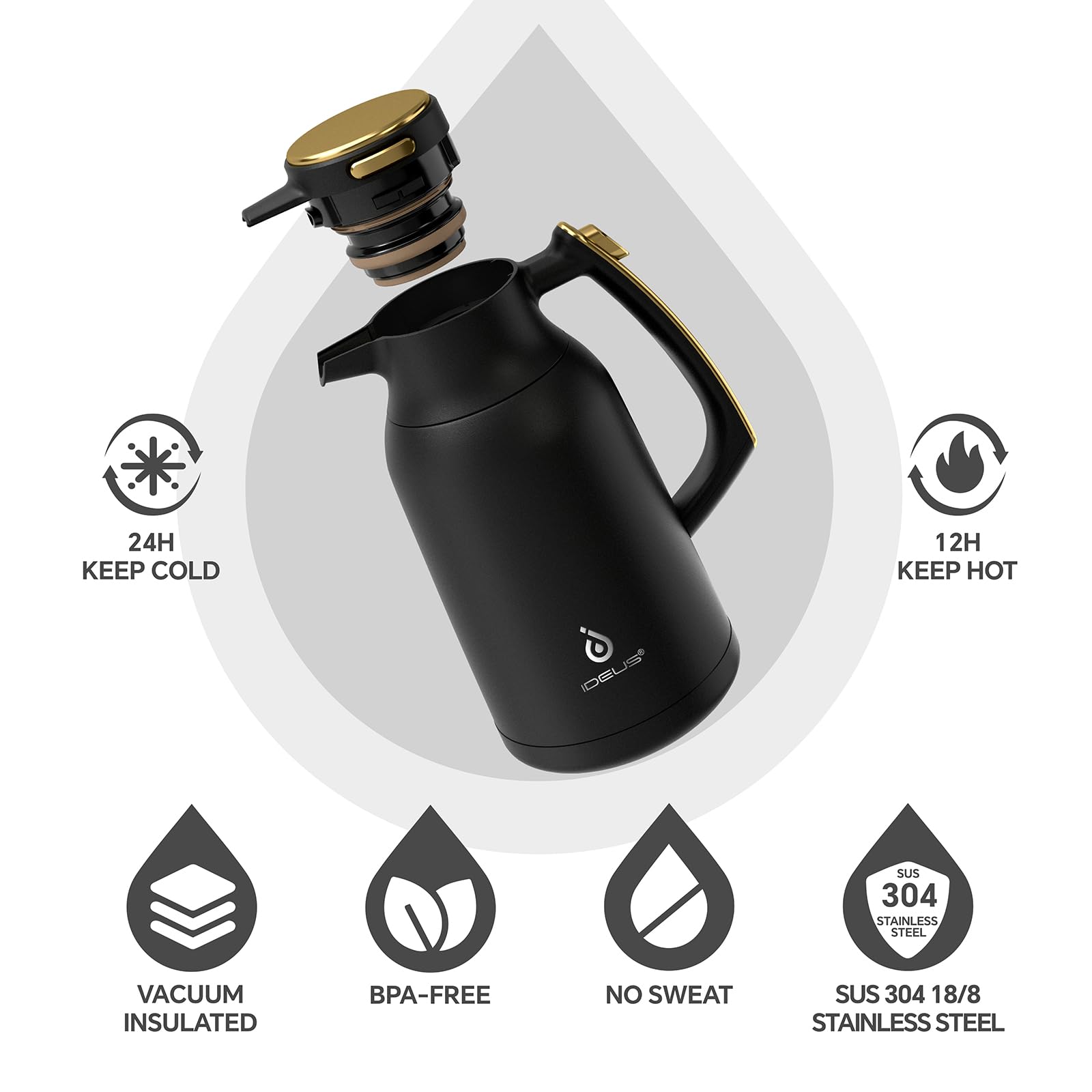 IDEUS Thermal Coffee Carafe, Stainless Steel Double Wall Insulated Vacuum Flask, Water Jug Coffee Server and Beverage Dispenser, Heat and Cold Retention (Black-Gold, 68, Fluid Ounces)