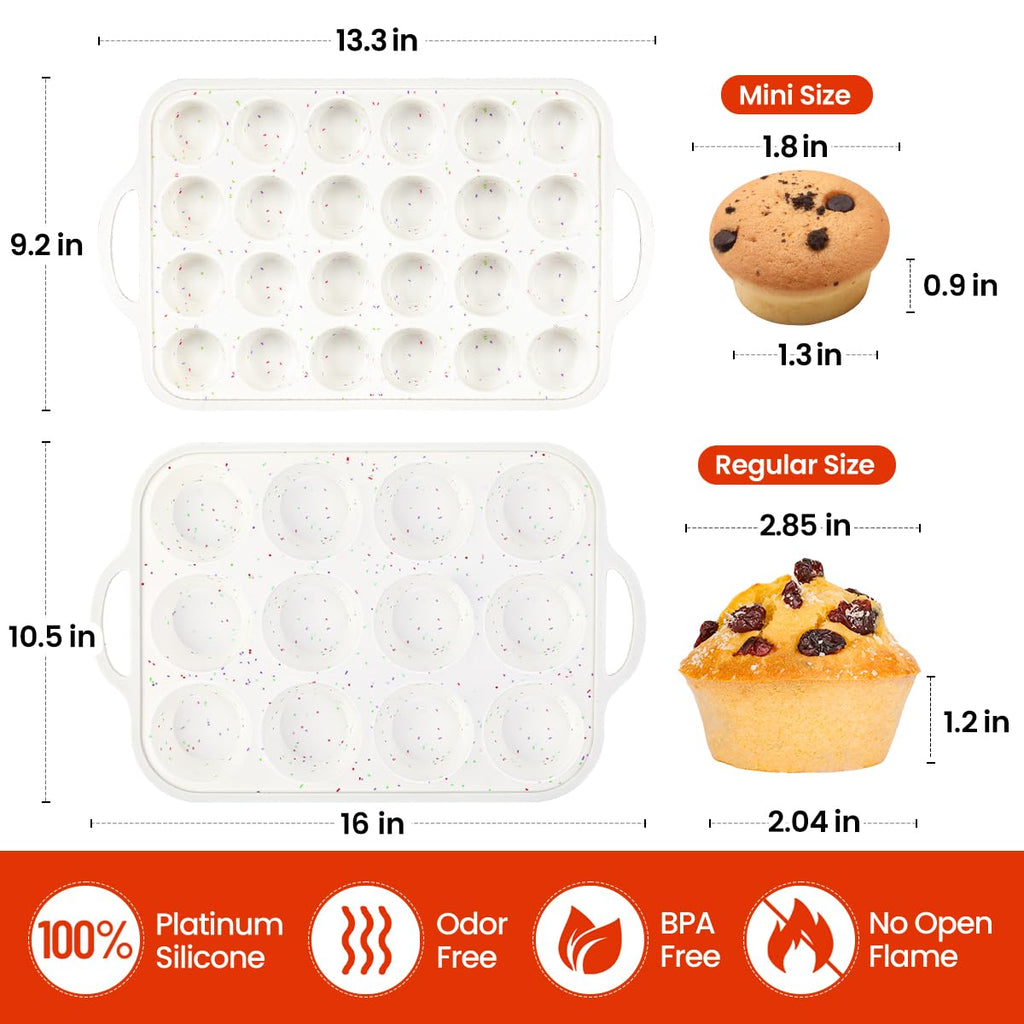 CAKETIME Silicone Muffin Pans for Baking, Metal Reinforced Frame Regular 12 Cups & Mini 24 Cups Cupcake Pan Set Nonstick Muffin Pan for Homemade Baking Easy to Handle