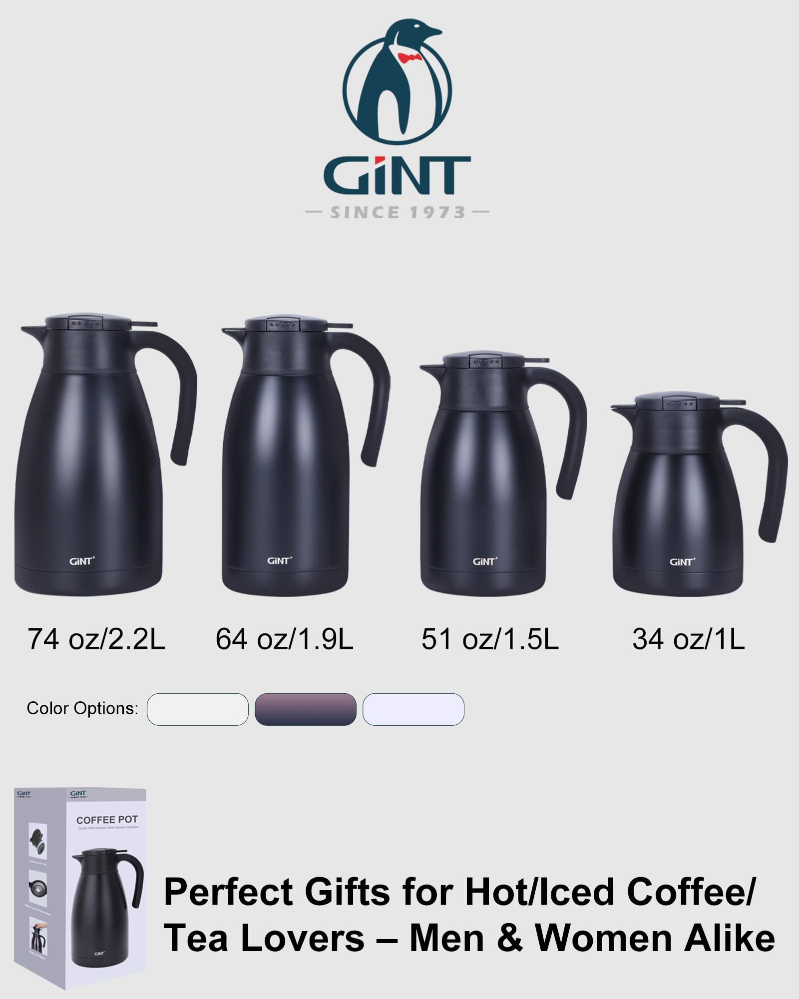 GiNT 1.9L / 64Oz Thermal Coffee Carafe, Insulated Stainless Steel Coffee Carafes for Keeping Hot/Double Walled Vacuum Thermal Carafe (Black)