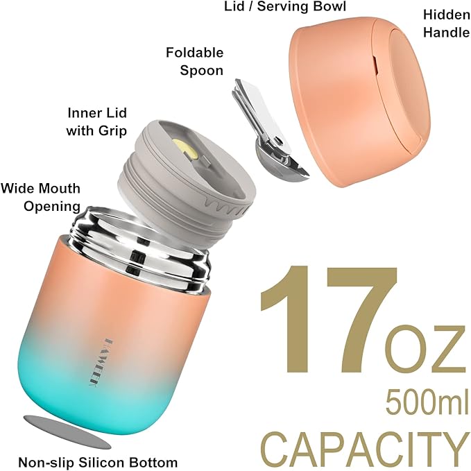 Insulated Food Container 17 oz Soup Thermo for Hot Food Adults, Stainless Steel Vacuum Lunch Box with Folding Spoon, Adult Kids Thermo Portable with Handle for School, Office, Outdoor