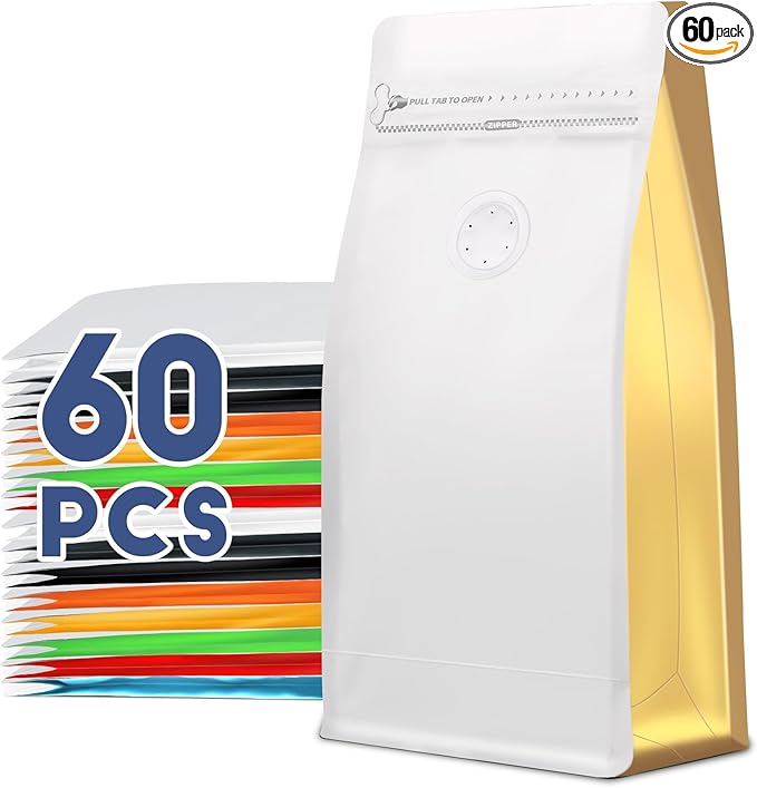 Coffee Bags with Valve(60pcs,16 oz,1 lb) Vented Coffee Beans Packaging Bags High Barrier Aluminumed Foil Flat Bottom Heat Sealed Side Zipper Resealable Storage Bag for Home or Business（White+Gold）