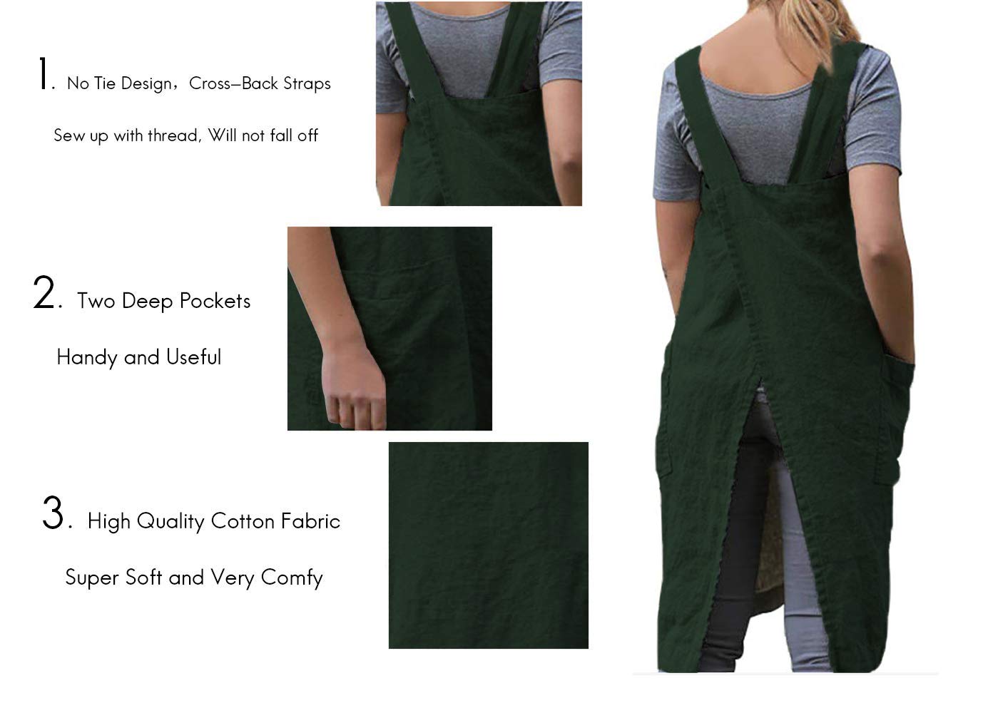 Larmliss Women's Pinafore Square Apron Baking Cooking Gardening Works Cross Back Cotton/Linen Blend Dress with 2 Pockets Dark Green-L