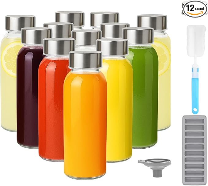 Zukro Glass Water Bottles with Lids 10 oz, Reusable Clear Juice Bottles With Stainless Steel Airtight Cap for Juicing, 100% Leak Proof Juice Drinking Jar for Ginger and Milk, BPA Free