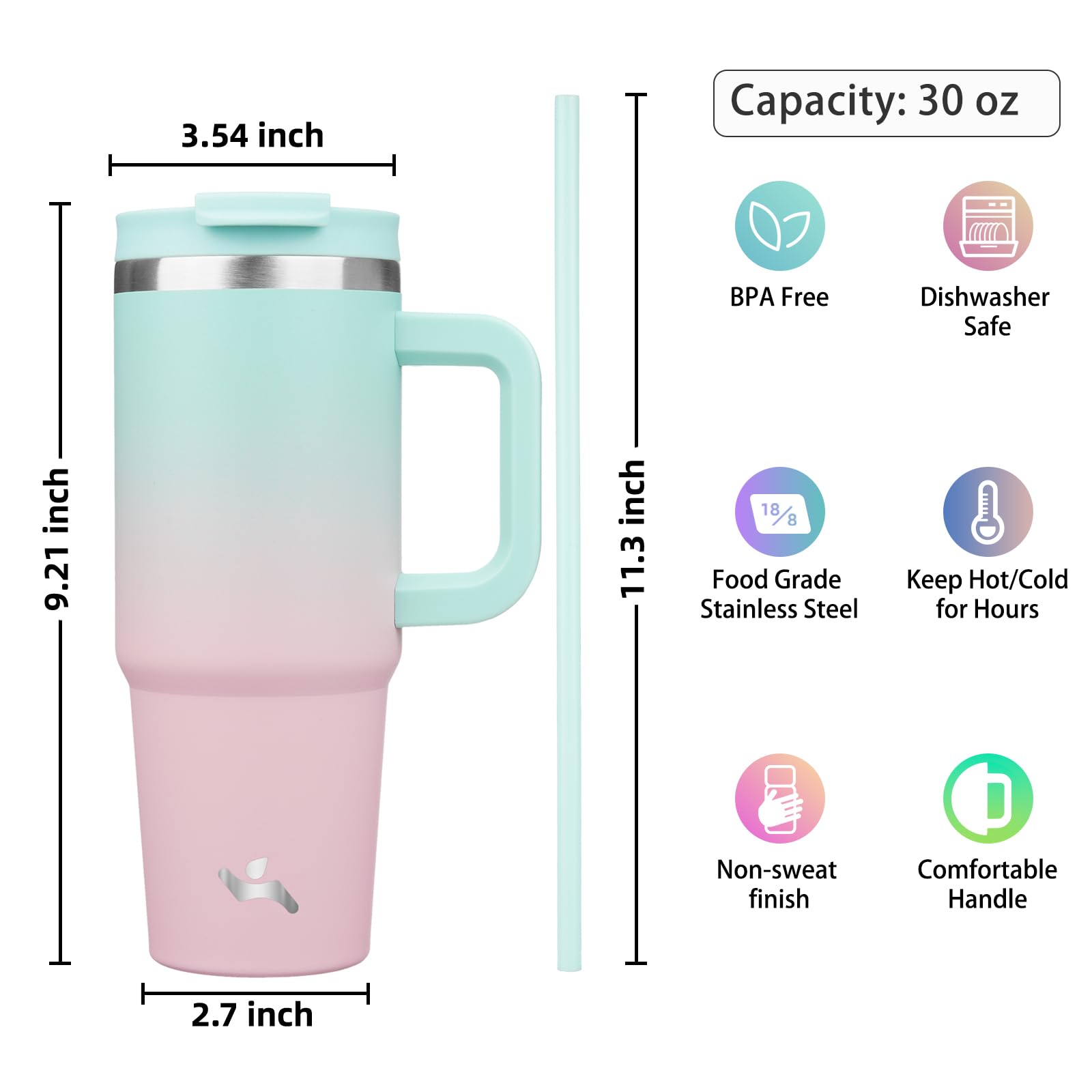 Konokyo 30 oz Insulated Tumbler Water Bottle with Handle, Straw Lid