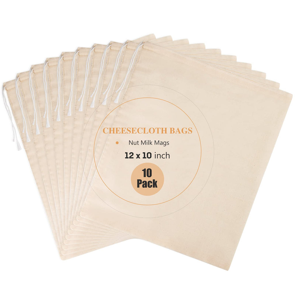 Chielor 10 Pack Nut Milk Bag, 10‘’ x 12‘’ Fine Mesh Grade Reusable Cheesecloth Bags Strainers, Unbleached Organic Cotton Filter Bags for Almond Milk, Juices, ColdBrew, Cheese, Tea, Yogurt, Coffee