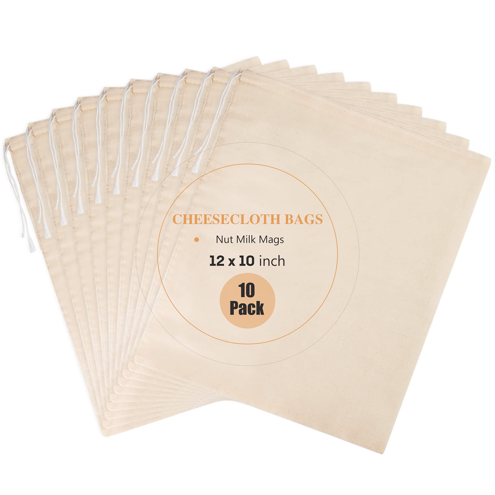 Chielor 10 Pack Nut Milk Bag, 10‘’ x 12‘’ Fine Mesh Grade Reusable Cheesecloth Bags Strainers, Unbleached Organic Cotton Filter Bags for Almond Milk, Juices, ColdBrew, Cheese, Tea, Yogurt, Coffee