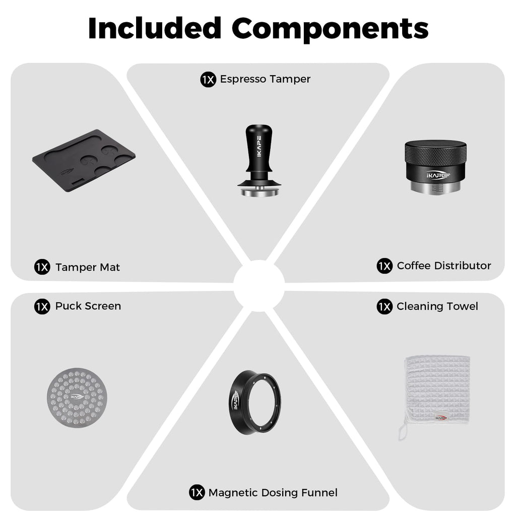 IKAPE 58MM Espresso Tamper Kit Black 6 IN 1, Coffee Tamper Set Including Tamper, Distributor, Magnetic Dosing Funnel, Silicone Mat, Puck Screen, and Cleaning Towel