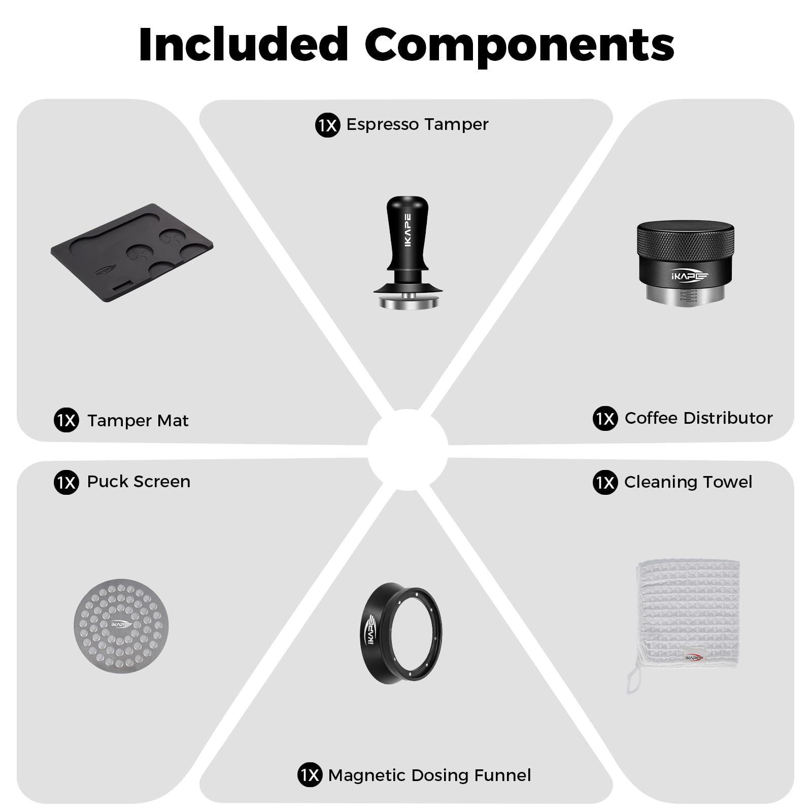 IKAPE 58MM Espresso Tamper Kit Black 6 IN 1, Coffee Tamper Set Including Tamper, Distributor, Magnetic Dosing Funnel, Silicone Mat, Puck Screen, and Cleaning Towel