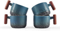6oz Ceramic Espresso Cups with Wooden Handle, Small Coffee Cups for Latte Cappuccino, Tea Cups Set of 4