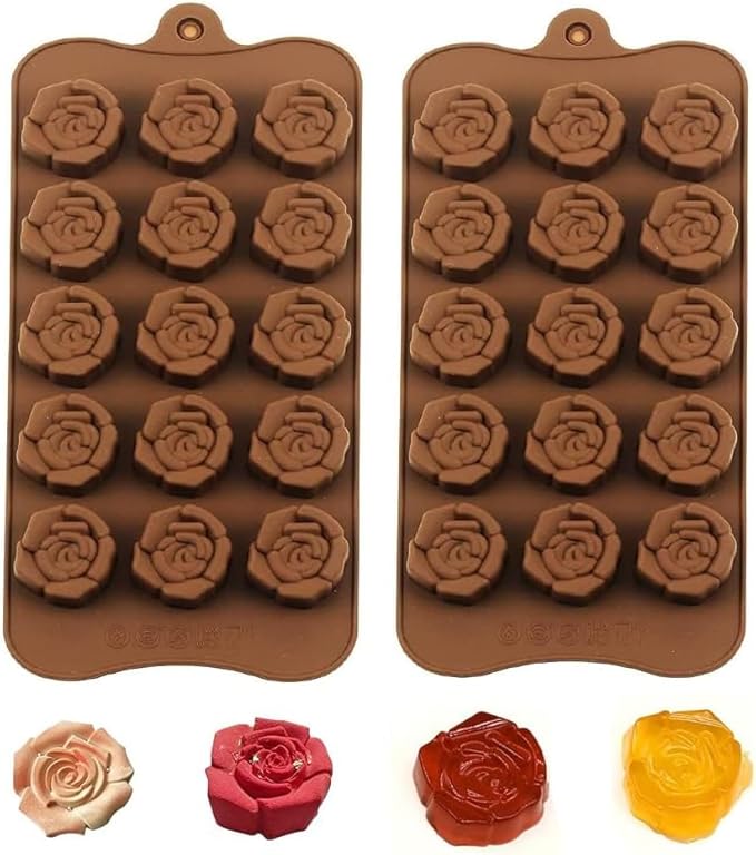 2PCS Rose Flower Chocolate Molds 15 Cavity Silicone Candy Molds Non-Stick Sweet Valentines Day Molds Gummy Ice Jelly Molds for Wax Melt Resin Casting Candles Soap