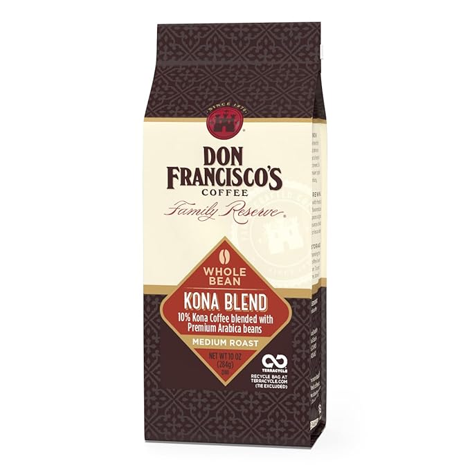 Don Francisco's Kona Blend Whole Bean Coffee, Medium Roast – 100% Arabica, 10 oz Bag, Premium Coffee for Drip, Pour Over and French Press
