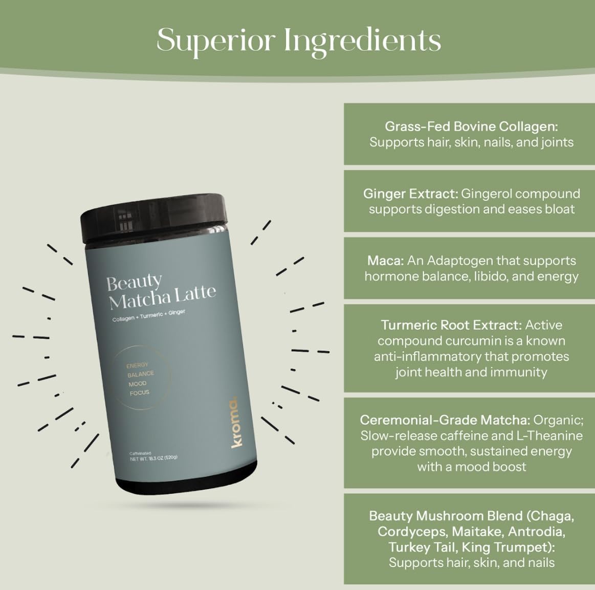 Kroma Beauty Matcha Latte with Collagen, 17.75 oz, 503g, 60 Servings