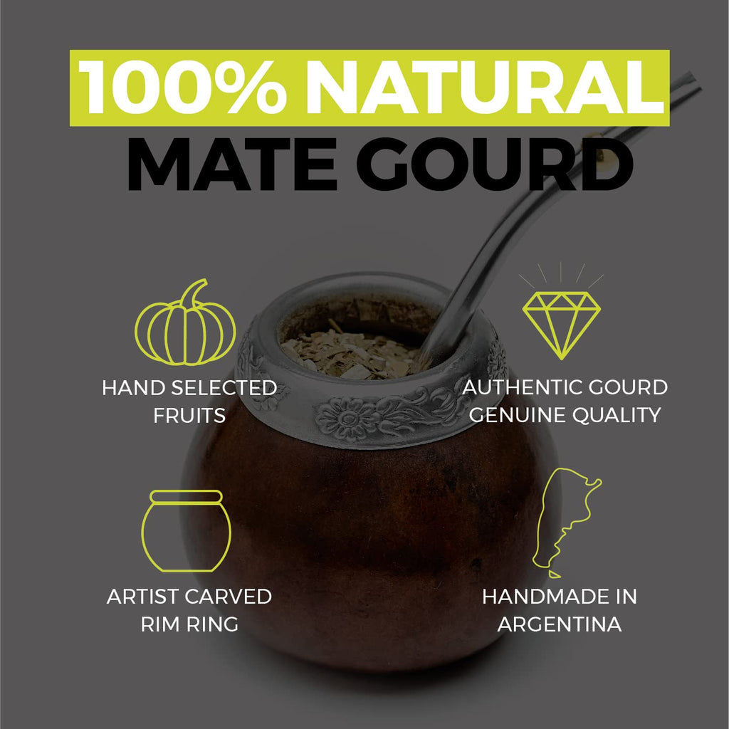 BALIBETOV Yerba Mate Gourd Set – Original Natural Handmade Yerba Mate Cup from Argentina, Includes Mate Tea Cup, Bombilla (Mate Straw) and Cleaning Brush, Traditional Mate Cup Gift Set