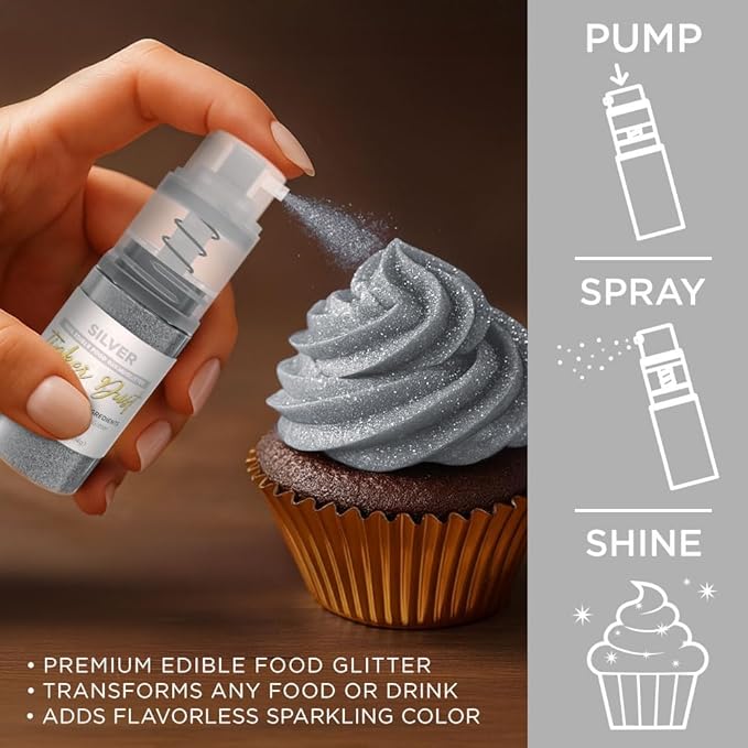 Bakell - Silver Tinker Dust (4g, 1x Mini Spray Pump) Edible Glitter for Food, Desserts, and Beverages!