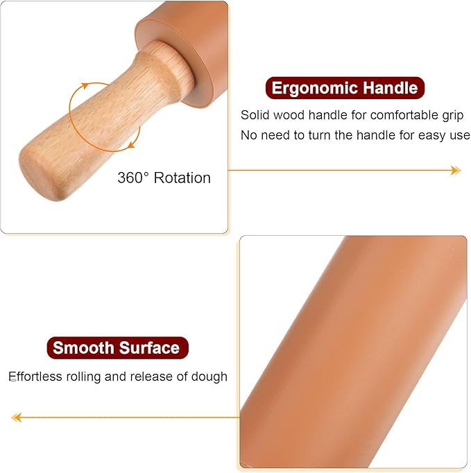 HARFINGTON Silicone Rolling Pins for Baking 17 Inch Wooden Handle Non Stick Rolling Pin Small Roller Playdough Rolling Pins for Dough Pizza Pastry Fondant Kitchen, Brown
