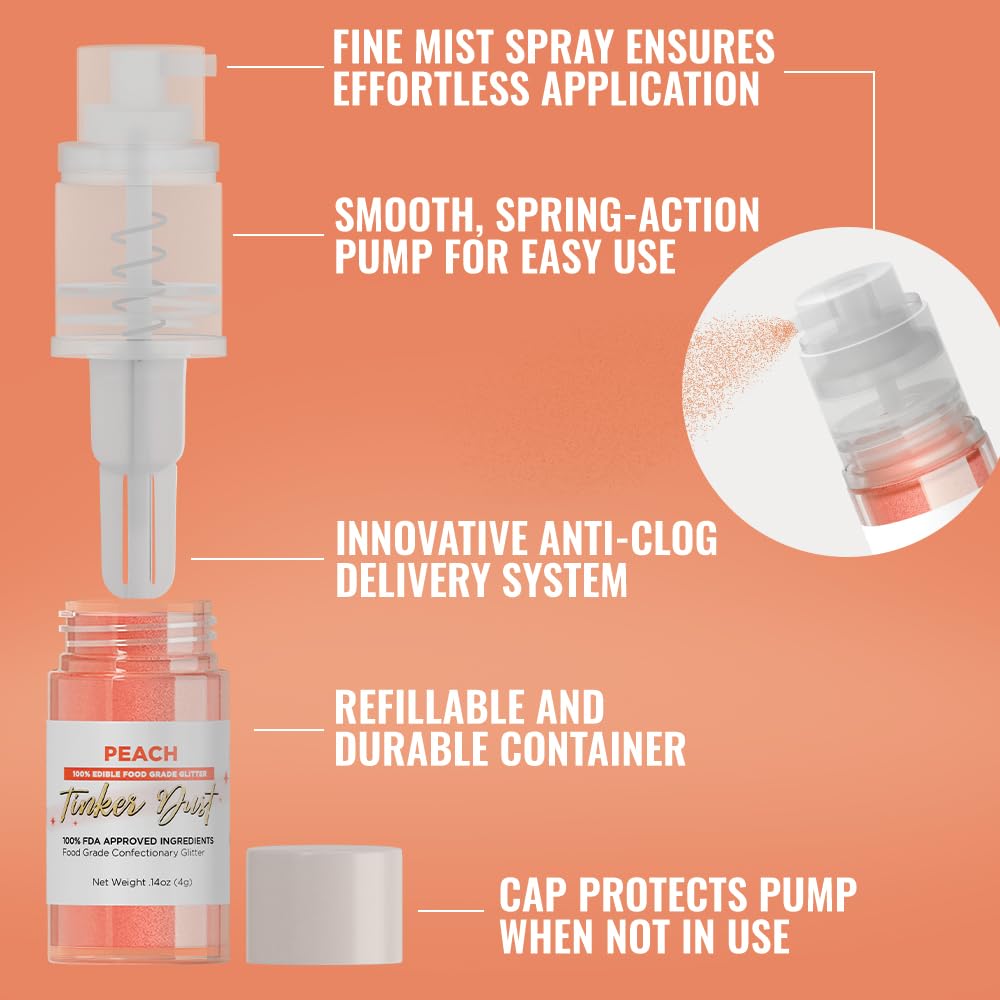 Bakell - Peach Tinker Dust (4g, 1x Mini Spray Pump) Edible Glitter for Food, Desserts, and Baked goods!