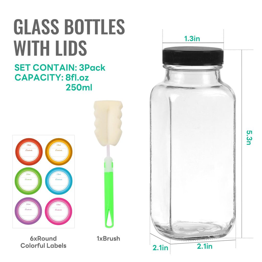 8 oz Glass Juice Bottles with Lids 3 Pack,Reusable Glass Drink Bottles