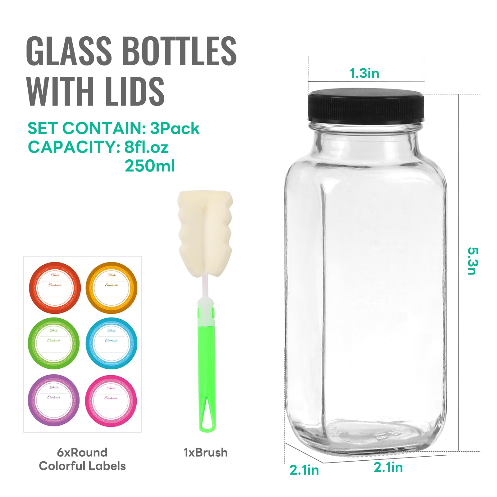 8 oz Glass Juice Bottles with Lids 3 Pack,Reusable Glass Drink Bottles