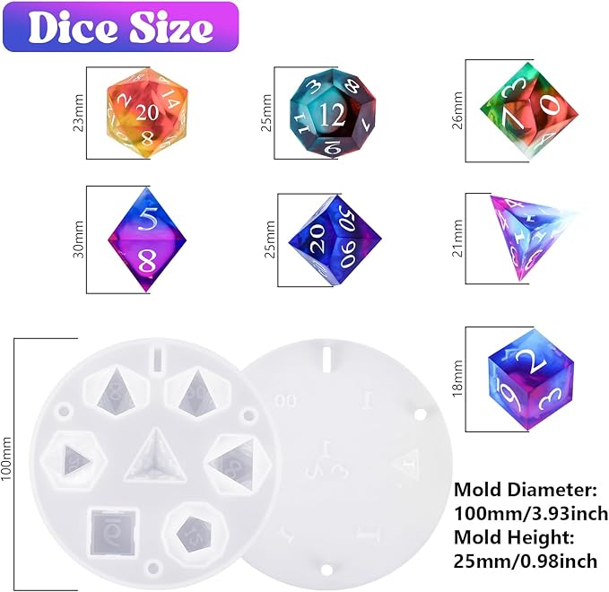 KISREL Dice Resin Molds, DND Dice Set and Organizer Box Epoxy Resin Mold with 7 Standard Stereoscopic Dice Cavities, Silicone Molds for Resin, DND Dice Set Making Kit, Table Board Game