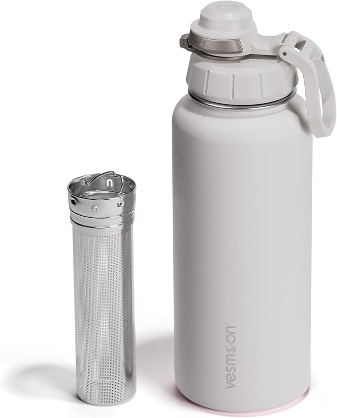 Vesmoon Vessence 24 Oz Stainless Steel Tea Infuser Bottle for Loose Leaf Tea, Water, Herbs, Fruits - Triple Layered Insulated, Leak Proof Bottle with Lid and Clip Handle - 24 Hours Hot/Cold