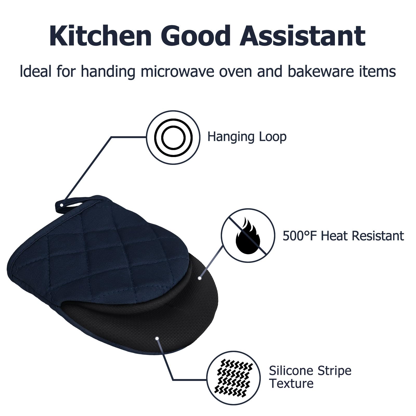 Short Oven Mitts, Heat Resistant 500°F, Silicone Grip Kitchen Gloves, Non-Slip for Baking, Grilling, BBQ, Machine Washable with Hanging Loop, 2-Pack Set, Navy Blue