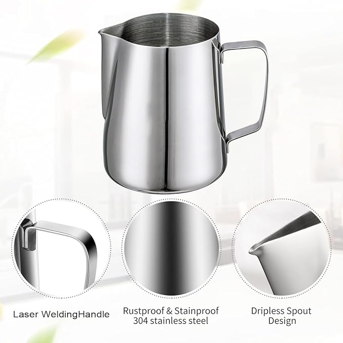 4Pieces Stainless Steel Milk Frothing Pitcher Set, Latte Art Barista Steaming Pitchers Set -Include Milk Frother Cup, Latte Art Pen, Powder Shaker, 5pcs Coffee Decorating Stencils (350ml/11oz)