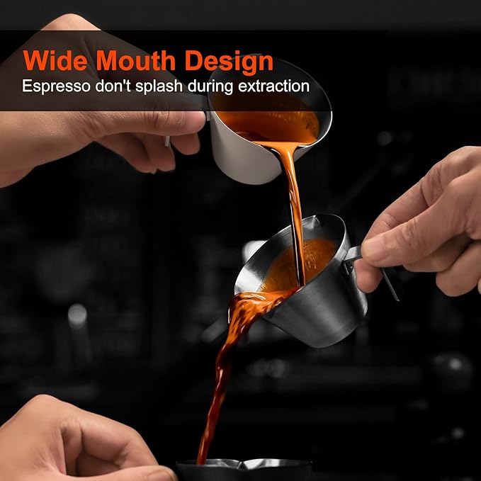 MHW-3BOMBER Espresso Measuring Cups, Double Spouts Stainless Steel Espresso Pour Cup, Espresso Shot Cups with Handle Scale, Metal Measuring Cups with V-Shaped Mouth, 3.4OZ/100ML Purple G5667-OS