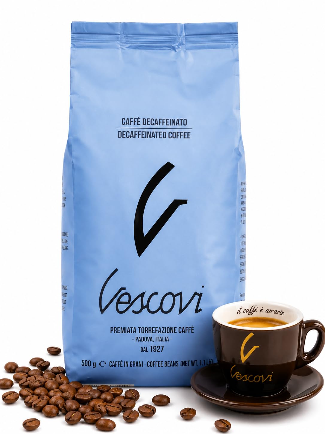 V Vescovi Decaf Espresso Beans – Smooth & Balanced, Medium Roast, Roasted in Italy, 1.1 lb (500g)