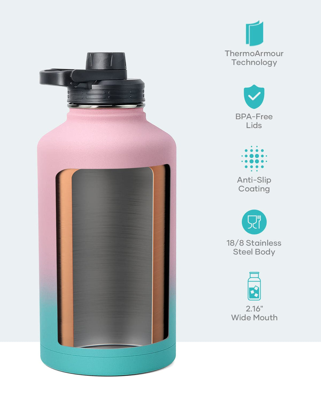 BUZIO Half Gallon Water Jug Insulated Stainless Steel (Cold for 48 Hrs)