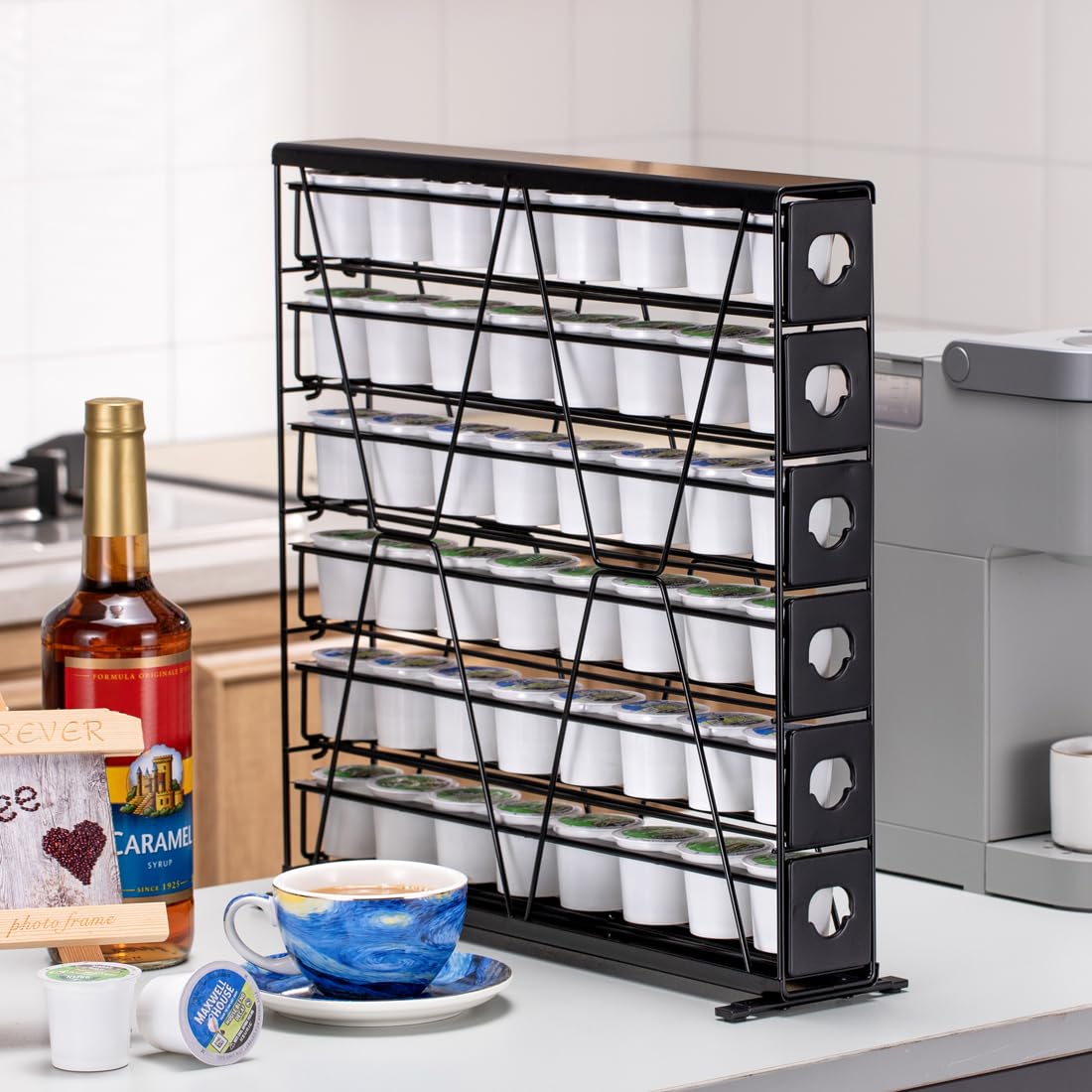 FlagShip 6-Tier Coffee Pod Holder for K Cup - 48 Capsule Max Capacity Metal Rack, Ultra-Efficient Corner Storage Space Saving Design