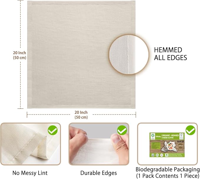 Organic Cheese Cloths, GOTS Certified, Grade 100,20x20Inch Hemmed Cheese Cloth Reusable Muslin Cheesecloth for Straining, 100% Cotton Unbleached Fine Mesh Cloth Cheese Cloths for Cooking,Sushi,Juicing