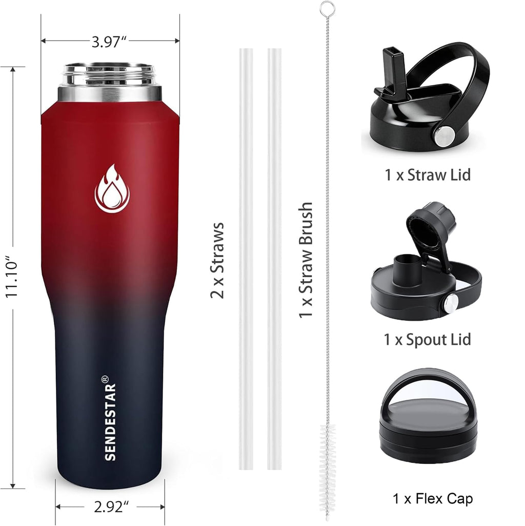 SENDESTAR 40oz Water Bottle Wide Mouth Stainless Steel Vacuum Insulated Double Wall with 2 Straw Lids Fit in Any Car Cup Holder