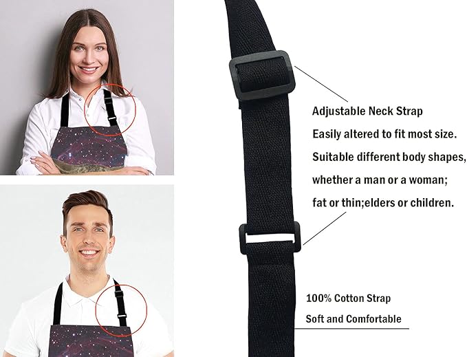 Funny Galaxy Cat Adjustable Bib Apron, The cat is holding a cup of black coffee and a baguette Cooking Kitchen Apron for Men Women