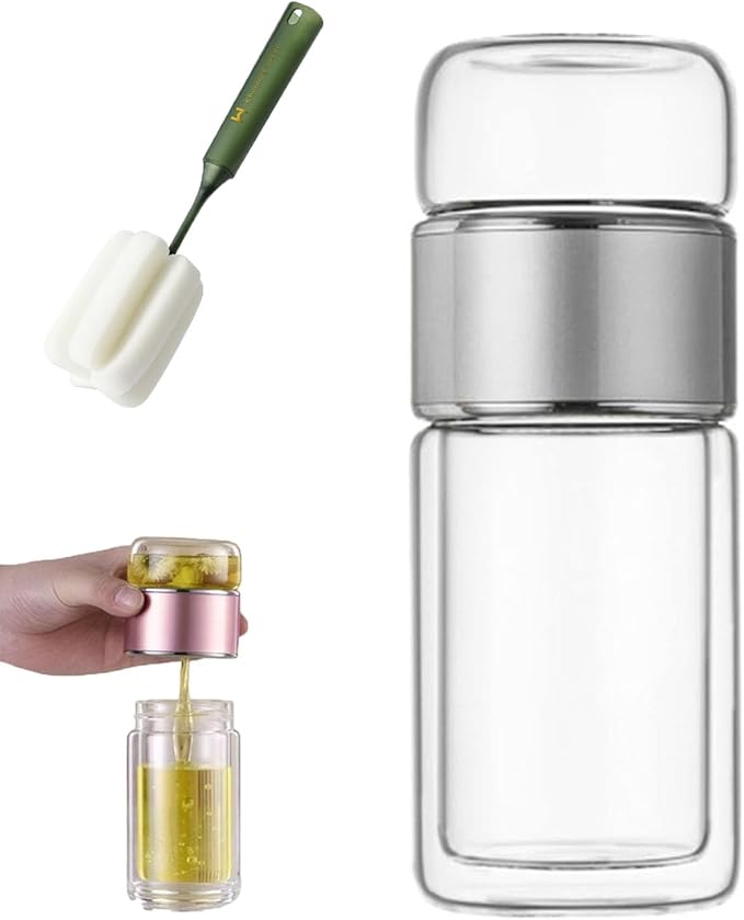 QUROXO 2025 New Glass Infuser, 3-In-1 Smart Tea Infuser with Cup Brush, Double-Layer Borosilicate Glass Tea infusers Separation Cup (Black