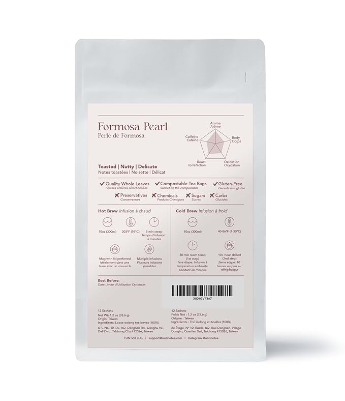 OOTINE, Formosa Pearl Taiwan Oolong Tea Bags (12 Sachets) | Roasted Nutty Notes | Hand-Picked Quality Whole Leaves in Plant-Based Sachets | Caffeine Alternative, Daily Antioxidant Support | Multiple Infusions