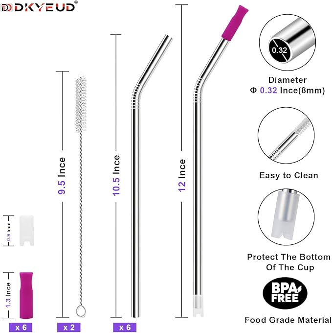 Newly Upgraded 10.5In Metal Straws Reusable Set 6 PCS with12 Silicone Accessories, 2 Straw Brush, 1 Storage Case, BPA Free, Eco-Friendly Stainless Steel Straws for 14, 20, 30,40 oz Tumbler