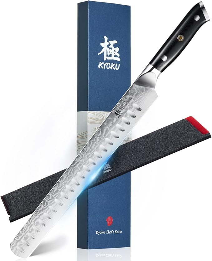 KYOKU Gin Series 12" Brisket Slicing Knife, Meat Carving Knife with Silver PVD Coating Mosaic Pin Handle for Professional Chef & Home Cook, Japanese VG10 Steel Slicer for Meat Fruit Vegetables