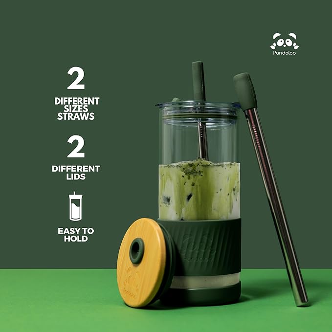 Pandaloo® Glass Cups With Lids and Straws -20 Fl Oz- Perfect Size Iced Coffee Cup - Smoothie Cup With Bamboo Lid and On the go Lid - Glass Tumbler (2 Count (Pack of 1), Intense Teal-Galactic Blue)
