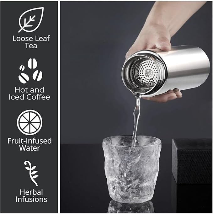 Insulated Water Bottles- Vacuum Tumbler for Coffee, Tea and Drinks with Stainless Steel Infuser - 15 oz Tea Thermo Travel Bottle/Keeps Drinks Hot or Cold for Hours/Gift Packing (Silver)