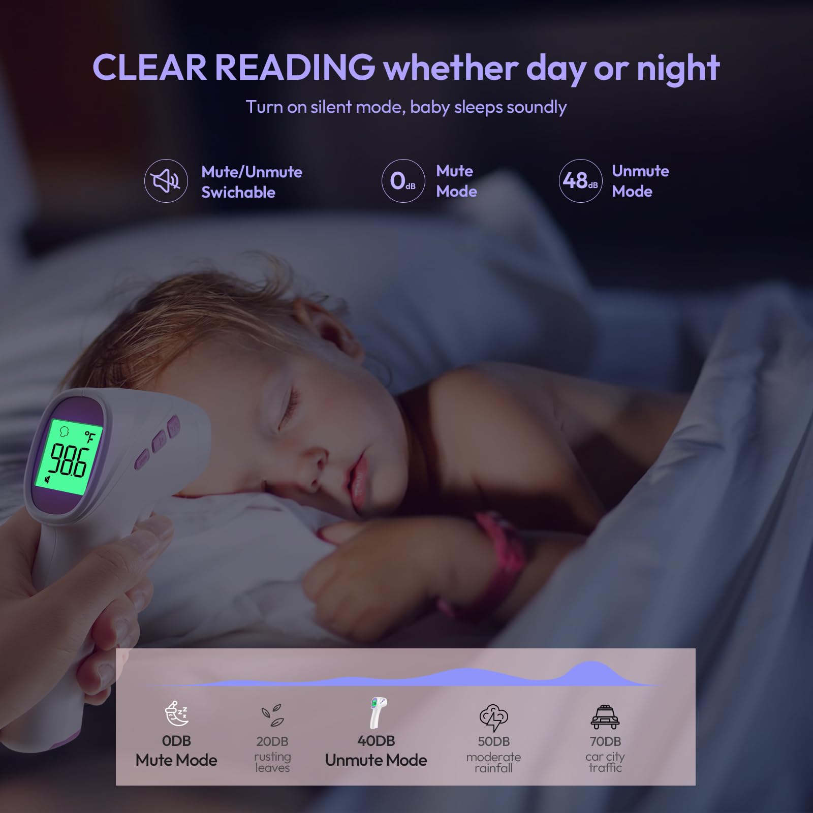 Forehead Thermometer for Adults, Kids & Babies, No-Touch Digital Thermometer with LCD Backlight Display, Fever Alarm and 1s Instant Reading - Purple
