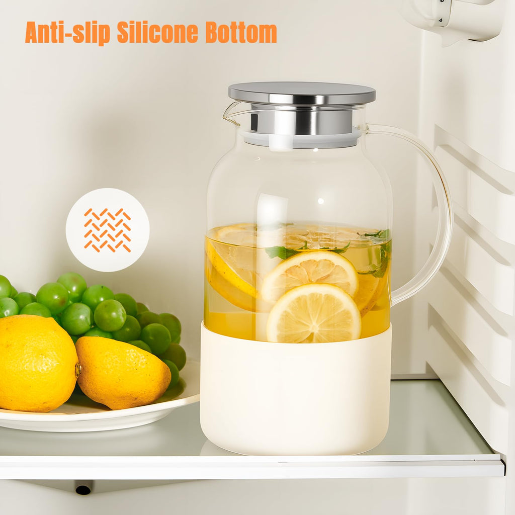 PARACITY Glass Pitcher with Lid, 61 oz Glass Water Pitcher, Off-White Base