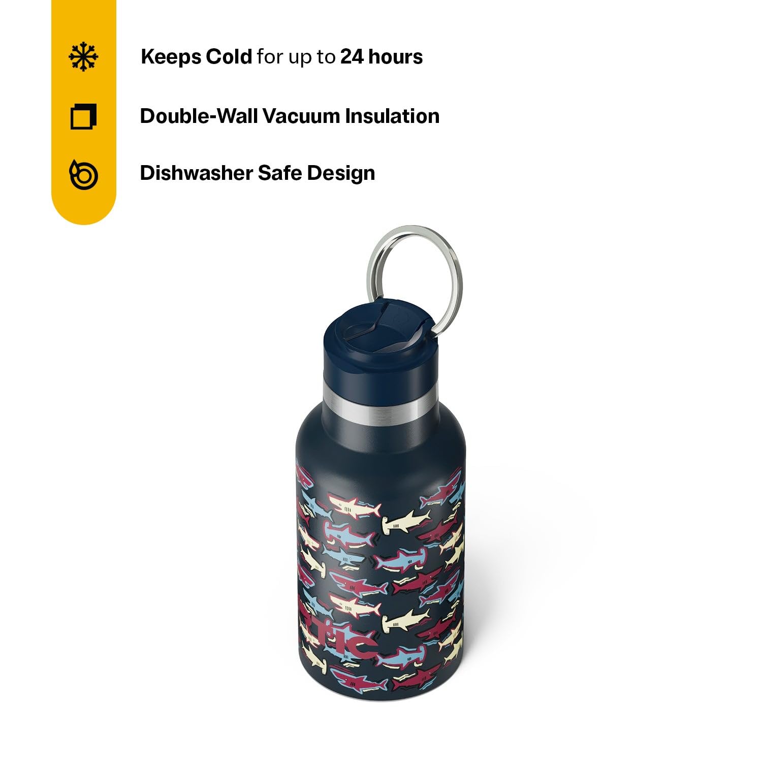 RTIC Little Journey Water Bottle with Straw, Ceramic Lined, Navy Sharks