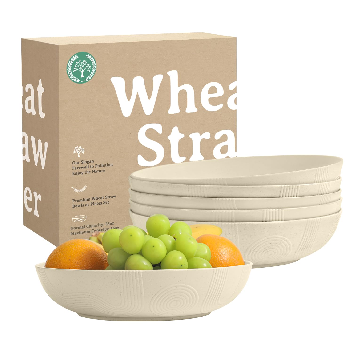 Homienly 65 oz Large Salad Bowls Wheat Straw Big Bowls 10 inch Serving Bowls Wheat Straw Plates Bowl Set of 6 Wide and Shallow Bowl for Kitchen Dishwasher Safe-Beige