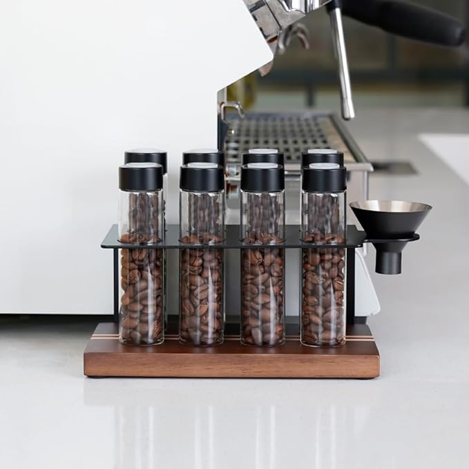 watchget Single Dose Coffee Storage Tubes 10 Pcs Dosing Glass Vials with One-way Exhaust Valve Lids Coffee Bean Storage Coffee Bean Cellar with Hopper & Wood Base, B