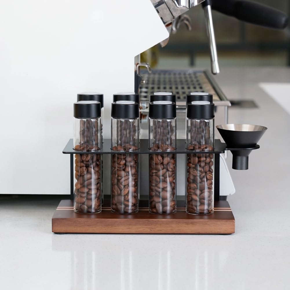 watchget Single Dose Coffee Storage Tubes 10 Pcs Dosing Glass Vials with One-way Exhaust Valve Lids Coffee Bean Storage Coffee Bean Cellar with Hopper & Wood Base, B