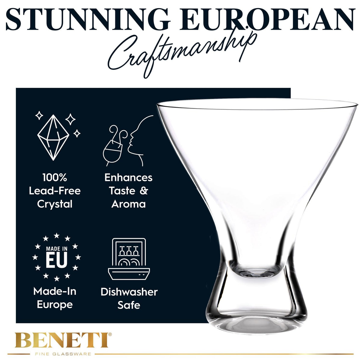 BENETI Martini Glasses Set of 4 | Made in Europe | 8oz Clear Stemless Cocktail Bar Drinking Glassware Set for Parties (4 Pack)