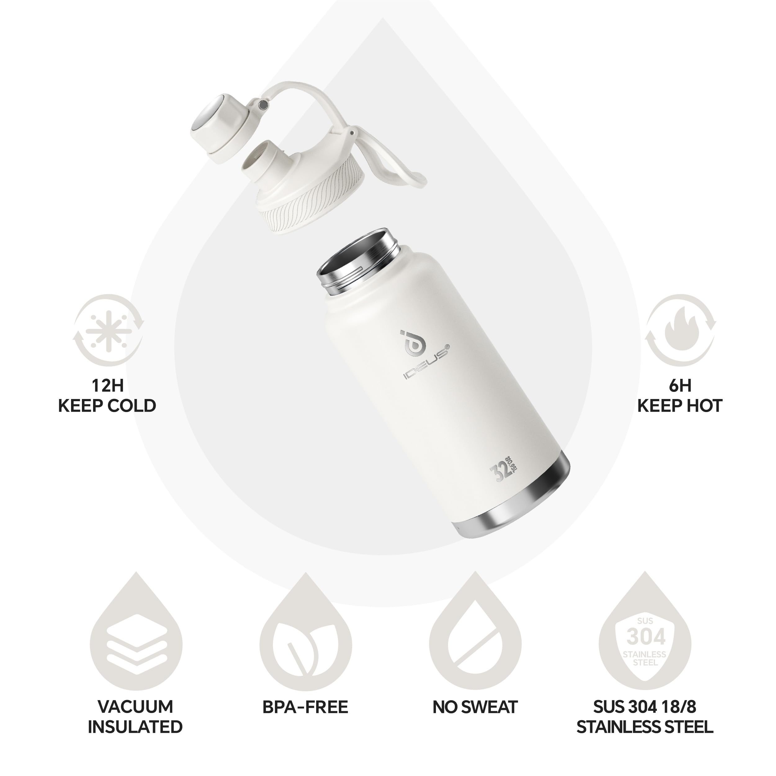 IDEUS Insulated Stainless Steel Water Bottle with 2 Leak-Proof Lids, Thermal Water Flask for Hiking Biking, 32oz, White