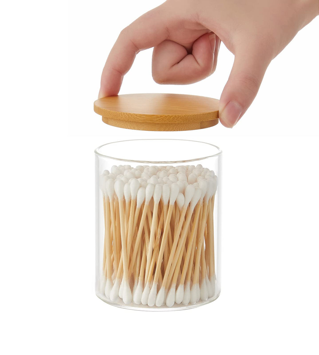 INIUNIK Glass Qtip Holder Dispenser with Bamboo Lid - 2 Pack Apothecary Jars - Cotton Balls Pads Swabs Holder Jar - Bathroom Vanity Canisters Jars for Countertop Storage and Organization